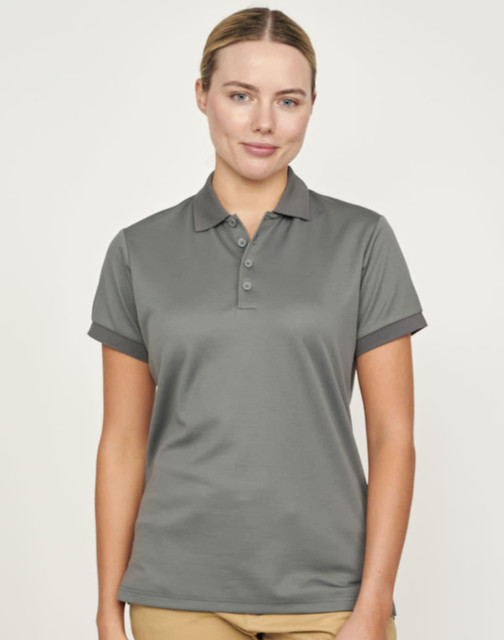 A ladies' short-sleeve polo shirt in grey with a logo, featuring a classic collar and rolled sleeves.