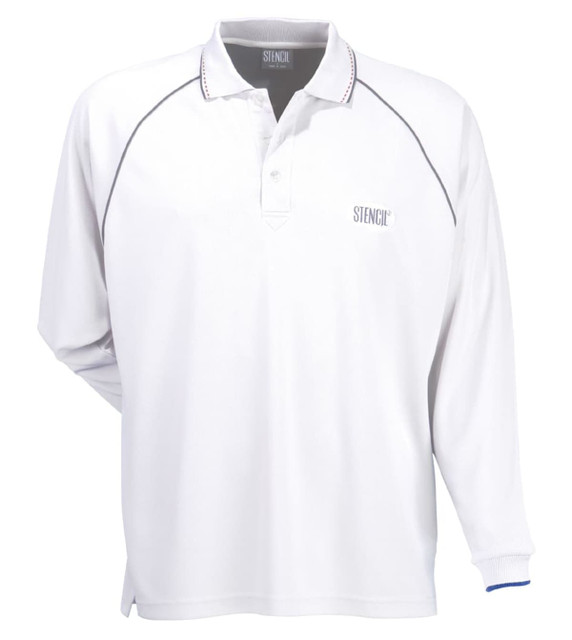 A white long-sleeve polo shirt with a branded logo and contrasting stitching details.