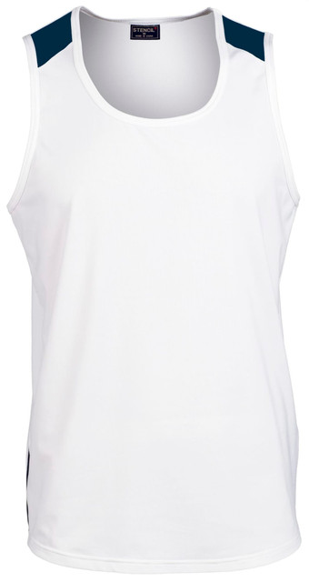 A white men's singlet with navy blue accents on the shoulders, featuring a logo.
