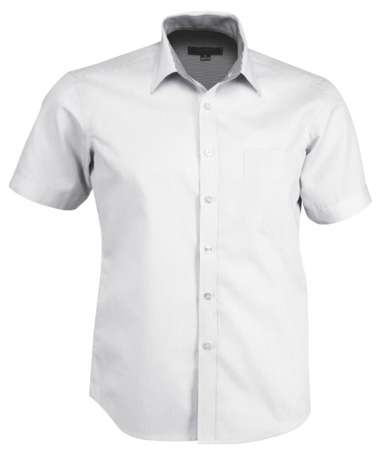 A short-sleeve button-up shirt in light grey with a patterned collar and a single chest pocket. It features a logo.