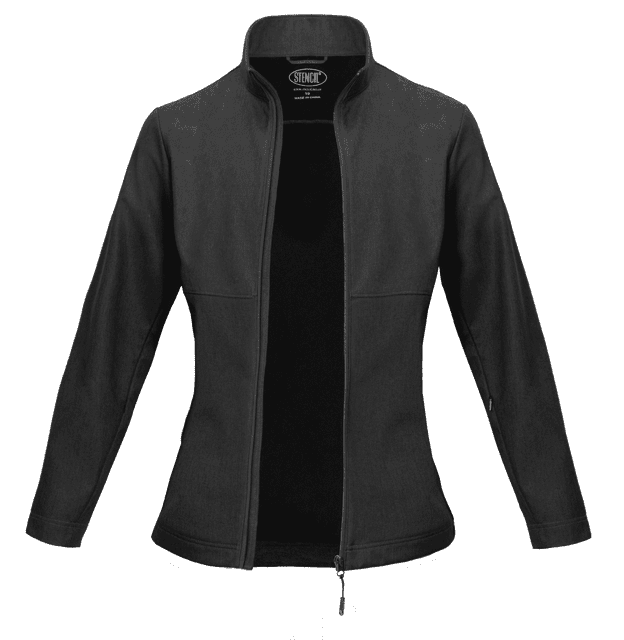 A black ladies' jacket with a zippered front and a high collar, featuring faint branding.