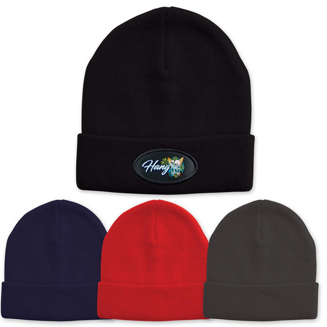 Acrylic beanies in black, navy, red, and dark green, featuring a logo on the front of the black beanie.