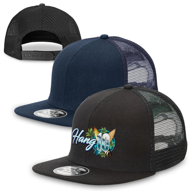 A collection of Snapback Trucker caps in navy and black, featuring mesh panels and a logo on the front.