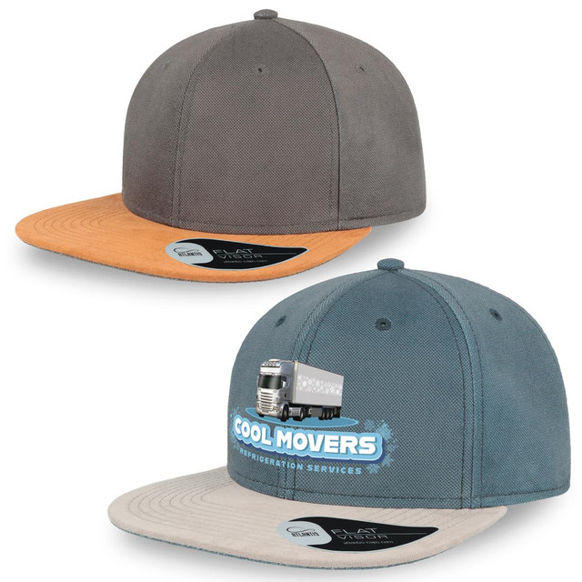 A grey cap with an orange visor and a teal cap with a beige visor, both featuring a logo on the front.
