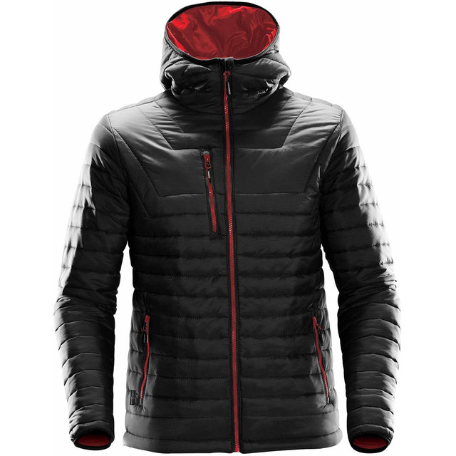 Men's Gravity Thermal Jacket in black with red accents, featuring a hood and multiple zippered pockets.