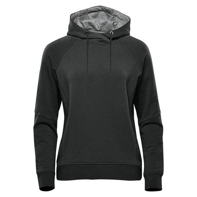A women's dark green performance hoodie with a drawstring hood and a logo. Suitable for casual wear.
