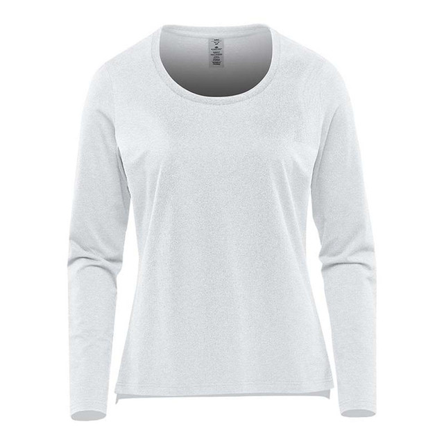A light grey long sleeve performance tee featuring a round neckline and logo on the label.