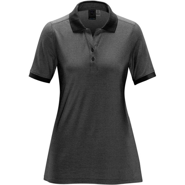 A women's polo shirt in dark grey with contrasting black collar and sleeves. Features a logo on the chest.