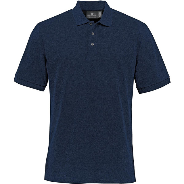 A navy blue stretch pique polo shirt featuring a collar and logo.