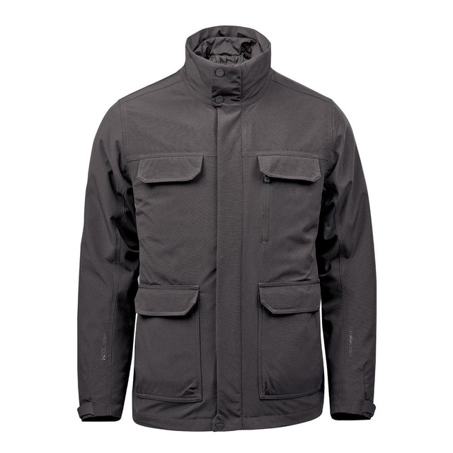 A dark grey men's jacket with multiple pockets and a high collar, featuring a logo on the side.