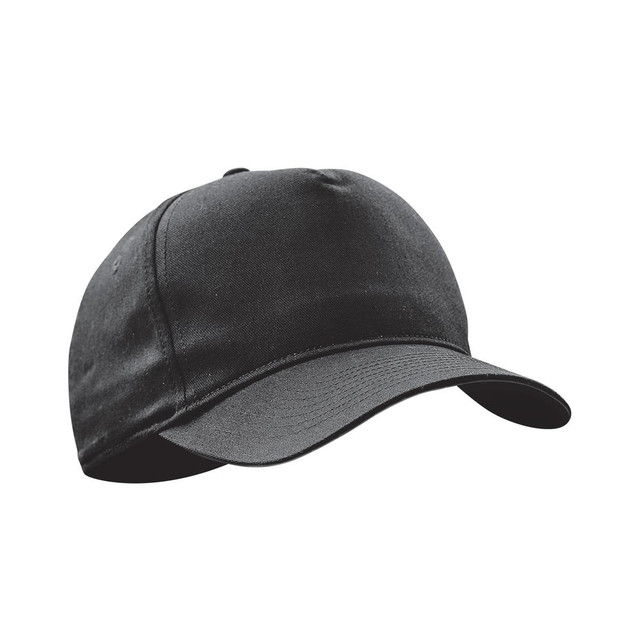 A black cap with a curved brim and a seamless design, featuring a logo on the front.