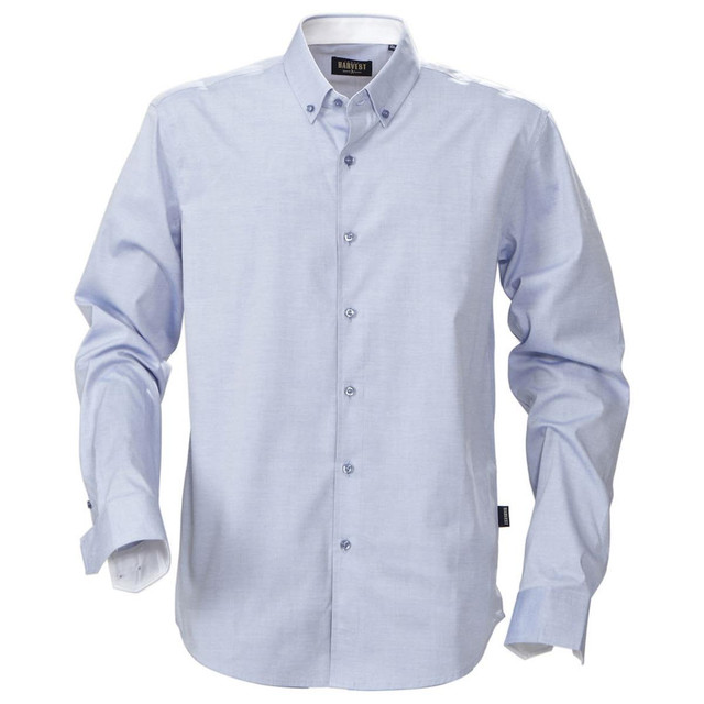 A light blue button-up shirt with a collar and long sleeves, featuring a logo on the label.