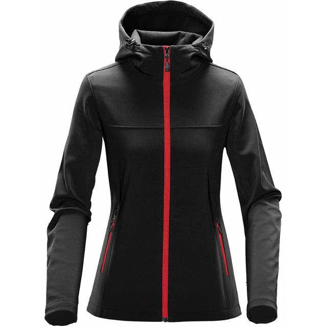 A women's softshell hoody in black with contrasting red zips and hood, featuring side pockets and a fitted design.