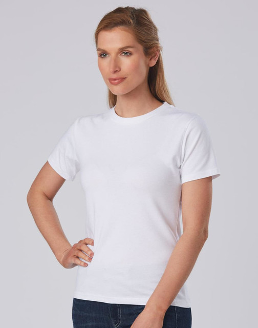 A white ladies' fitted stretch tee with a classic crew neckline, featuring a logo on the front.