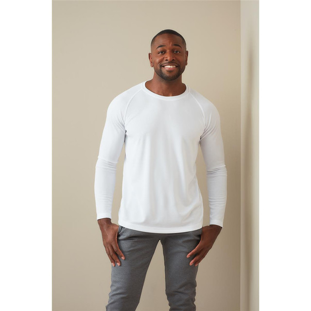 A long-sleeve white T-shirt with a logo, worn by a smiling man, paired with grey pants.