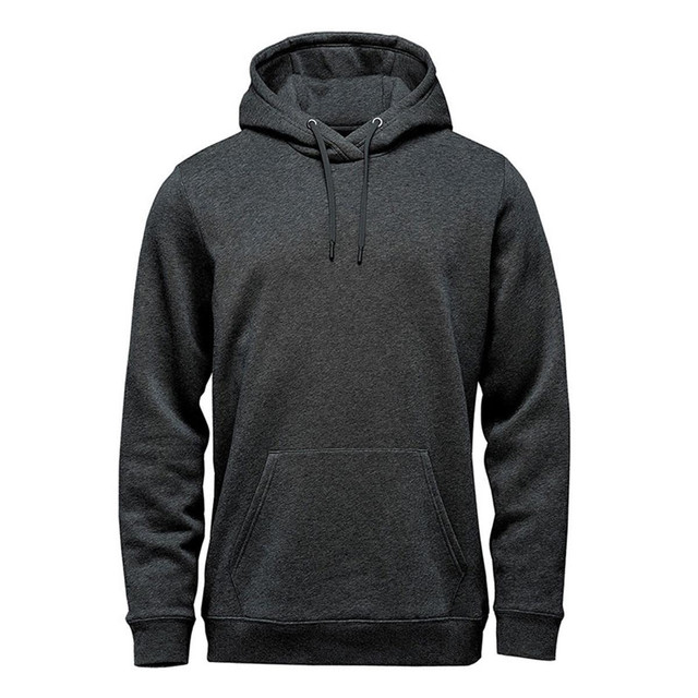 A dark grey fleece pullover hoody featuring a front pocket and adjustable drawstrings. It has a logo.