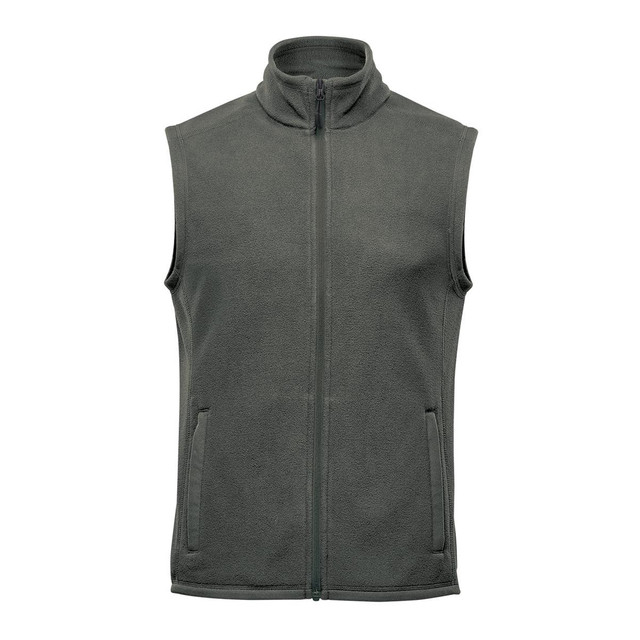 A green fleece vest with a high collar and a front zipper, featuring side pockets and a logo.