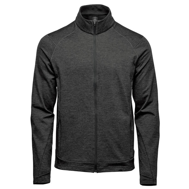 A dark grey performance jacket with a high collar and zip closure, featuring a logo on the front.