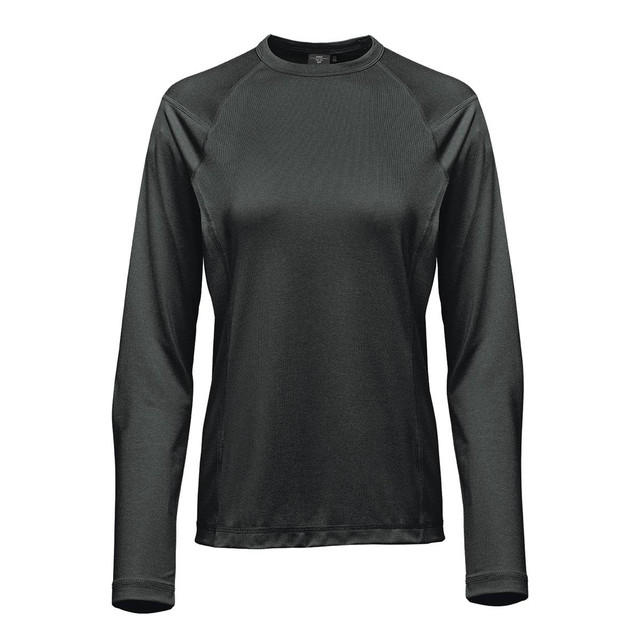A dark green women's long-sleeve tee with a fitted design and a logo.