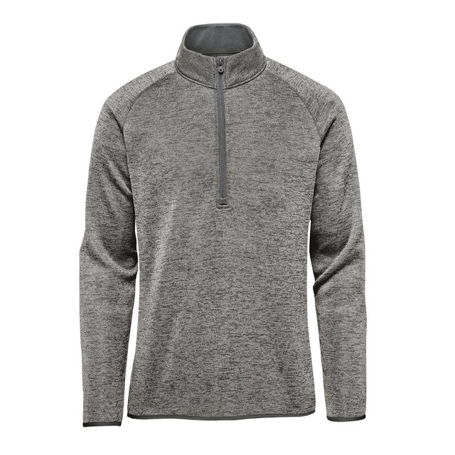 A grey men's fleece jacket featuring a half-zip collar and long sleeves, with contrasting fabric at the neck.