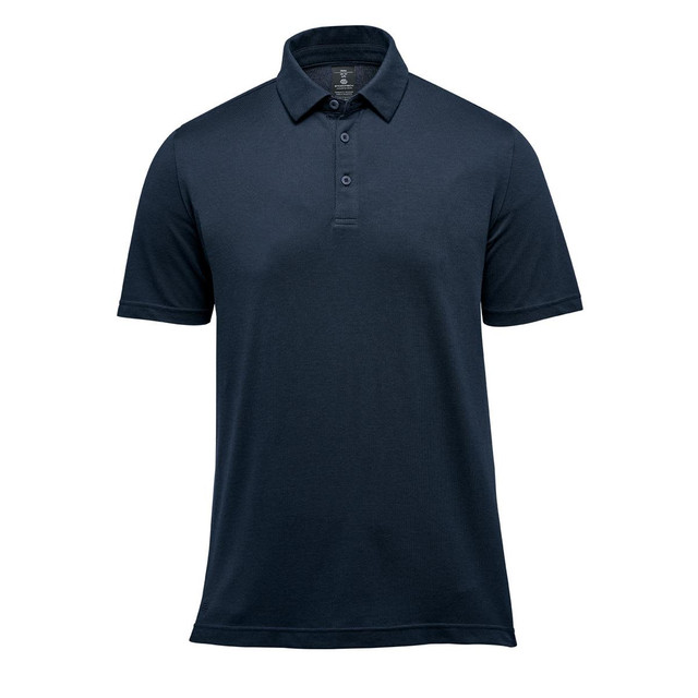 A navy blue men's polo shirt with a collared neck and short sleeves, featuring a logo.
