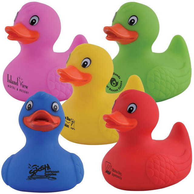 A collection of five colorful rubber bath ducks in pink, yellow, green, red, and blue, each featuring a logo.