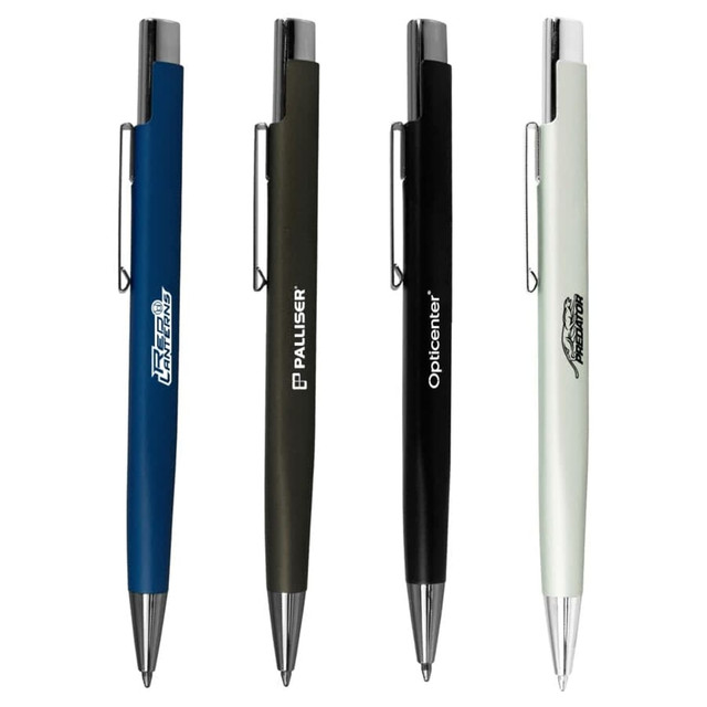 A collection of four metal pens in blue, olive green, black, and light grey, featuring various logos.