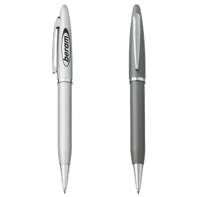 A metal pen set featuring a silver pen and a grey pen, both with branding on the body.