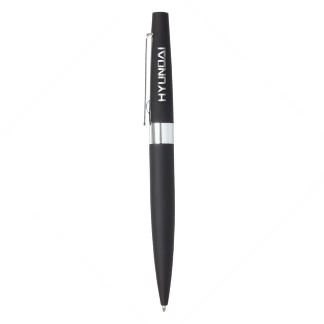 A metal pen in black with a silver clip and a logo on the body.