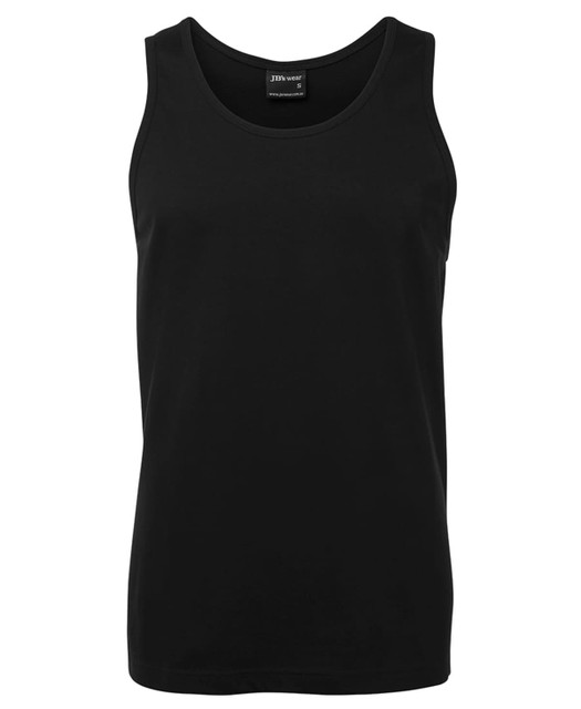 A black singlet shirt featuring a round neckline and a branded label inside.