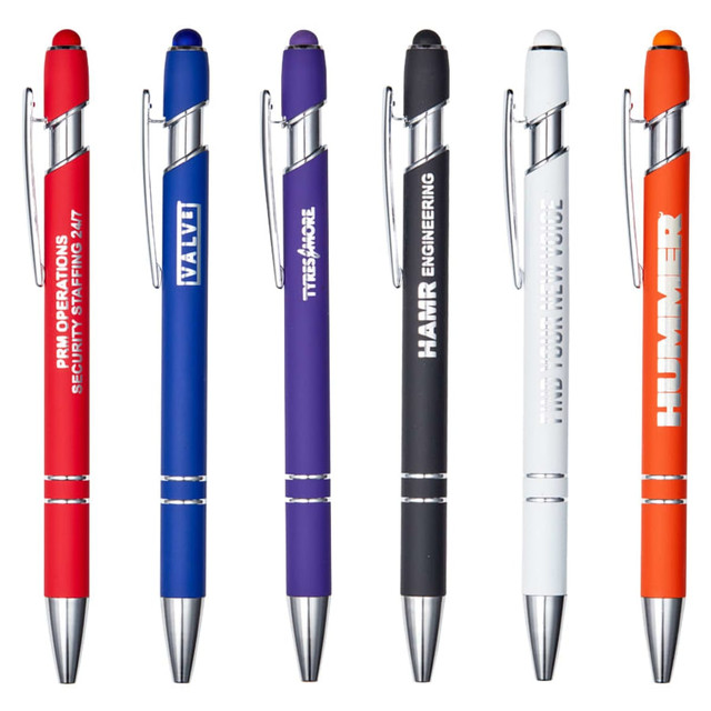A selection of six metal pens in colours red, blue, purple, white, and orange, each with a clip and branding.
