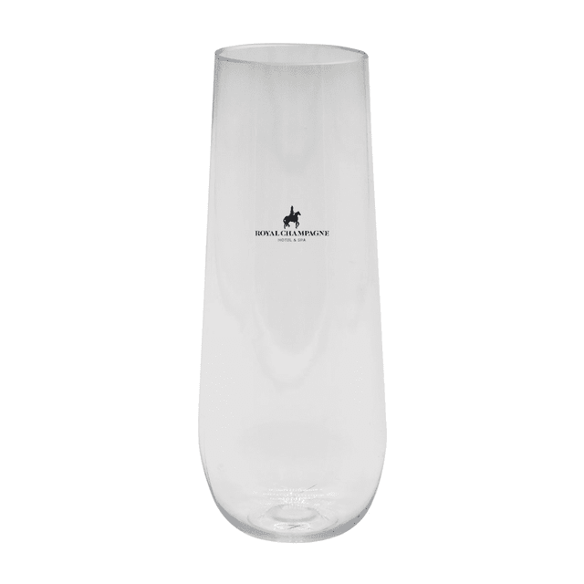 A clear, stemless shatterproof champagne glass featuring a logo, suitable for drinkware.