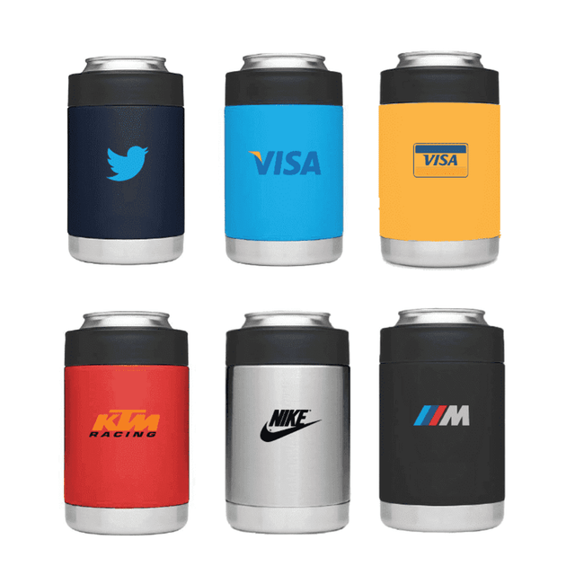 A set of six stubby coolers in various colours, featuring logos and a stainless steel base.