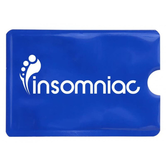 A blue RFID credit card protector sleeve featuring a logo. The sleeve has a cut-out for easy card access.