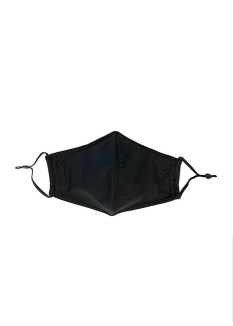 A black cotton face mask with adjustable toggles and a middle seam, featuring a logo.