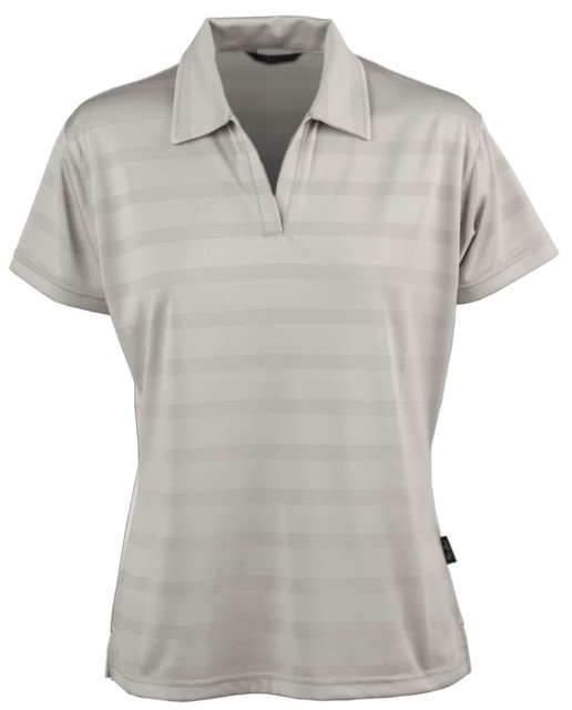 A light grey ladies' polo shirt featuring a striped design and a classic collar. It includes a branding label.