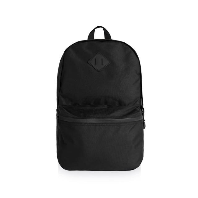 A black backpack featuring a top handle and a front zip pocket, with a logo on the front.
