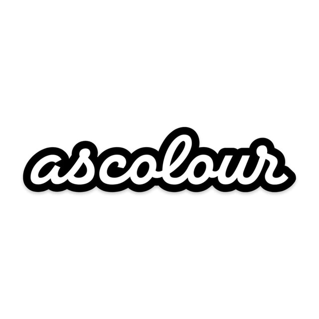 A black and white script sticker featuring the word "ascolour" in a playful font.