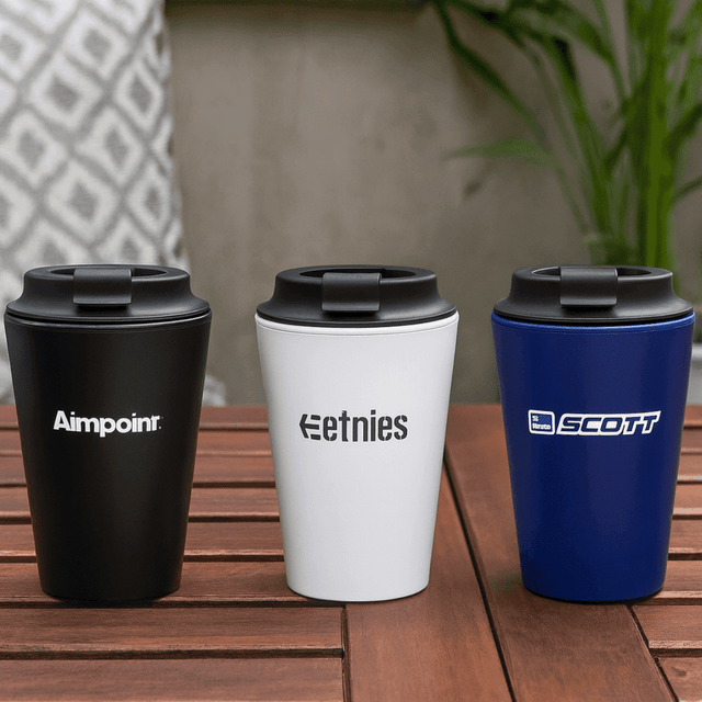 Three coffee mugs in black, white, and blue, featuring various logos, placed on a wooden surface.