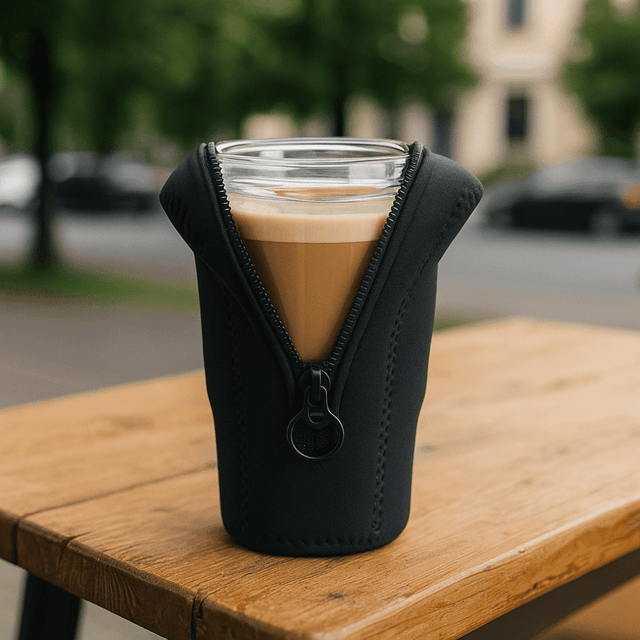 A black Oakleigh Pouch designed to fit a glass, featuring a zippered design and sitting on a wooden table.