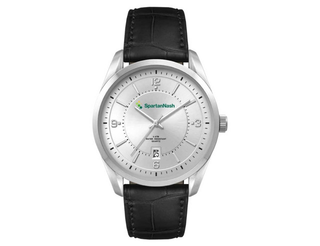 A men's casual dress watch featuring a silver face and a black leather strap, with a prominent logo on the dial.