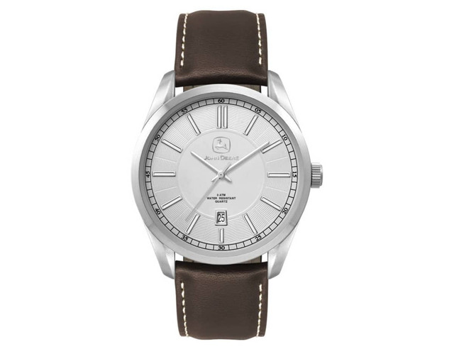 A men's casual dress watch featuring a silver dial, stainless steel case, and brown leather strap. The watch has a logo.