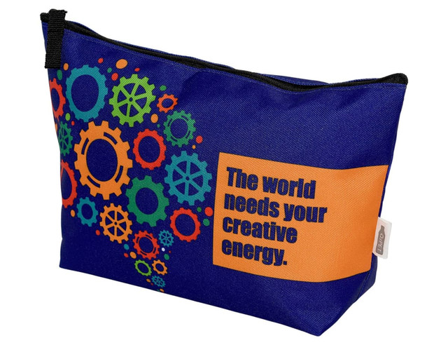 A blue pouch featuring colourful gear designs and a vibrant orange section. It has a zip closure and a logo.