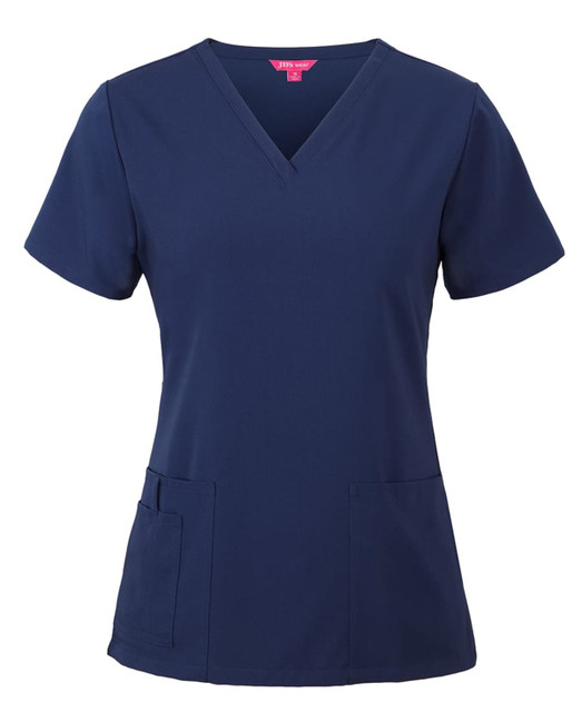 A navy blue scrub top with a V-neck, short sleeves, and two front pockets. It has a logo on it.
