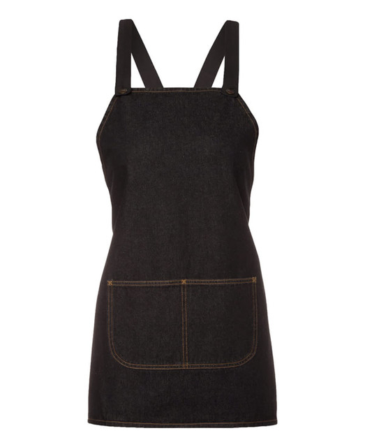 A black denim bib apron featuring a cross-back design and a front pocket. Includes a logo on the fabric.
