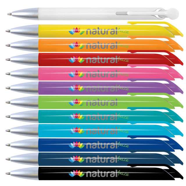 A collection of plastic pens in various colors, featuring silver tips and clips, with logos on each pen.