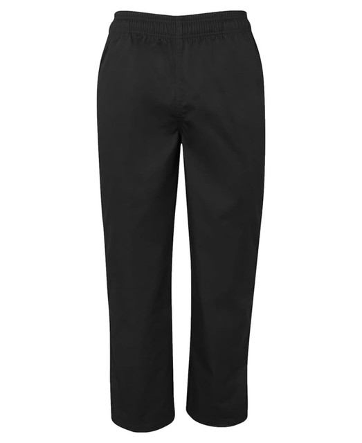 Black elasticated pants with a straight cut and gathered waistband. The design features a branding logo.