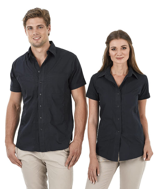 Aston men's and women's short sleeve button-up shirts in navy, featuring a logo and two front pockets.