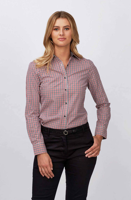 A lady’s long sleeve shirt in a red and white check pattern, featuring a button-up front and a logo.