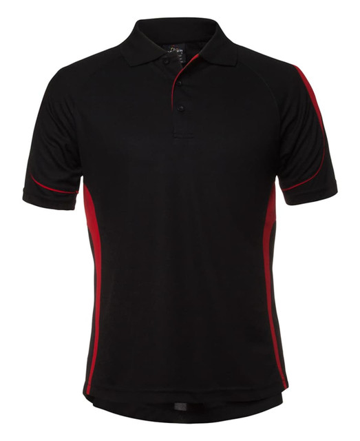A black polo shirt with red side accents and a logo on the chest.